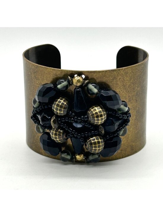 Jewelry - Vintage Brass Wide Cuff Bracelet Black Gold Beaded Cluster Boho Statement